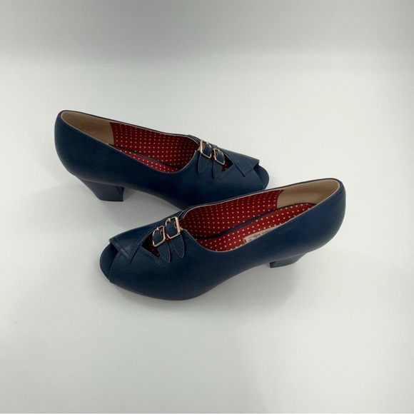 BAIT Footwear Blue Peep Toe Double Buckle Heels Size 10 - Picture 12 of 13